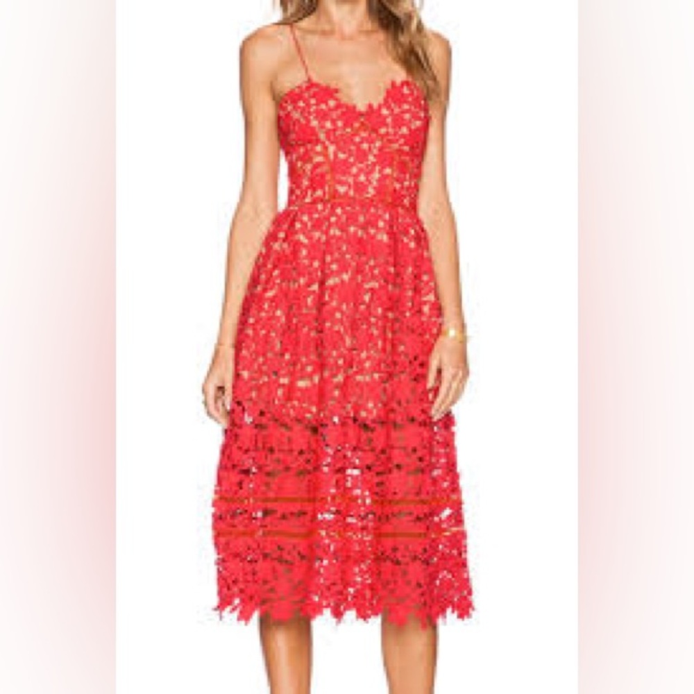Self-Portrait Women’s Red Azaelea Fit & Flare Lace Midi Dress Size UK 10 US 6